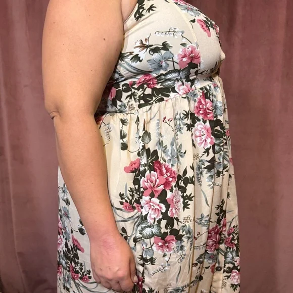 Floral Button-Front Cream Maxi Dress with Pink Blooms - Picture 3 of 6